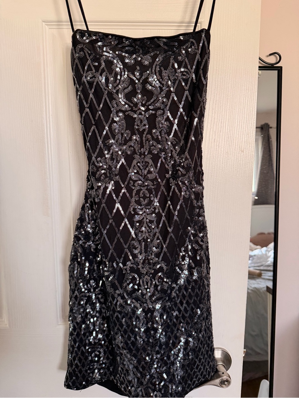 Black Sequin Mini Dress with Silver Pattern